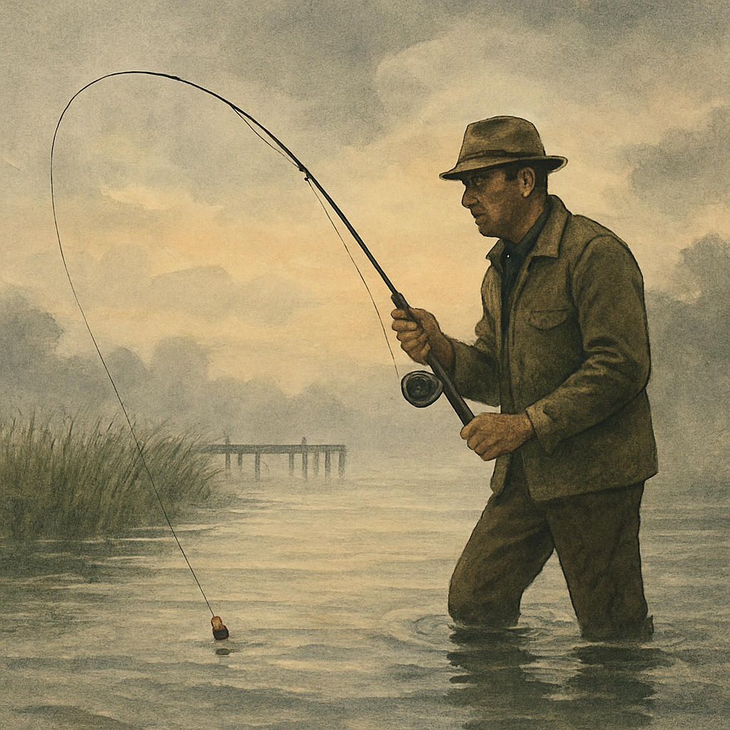 Dawn on Salt-Stained Piers, Coho in Tow — vintage illustration inspired by salt-stained coastal piers at dawn chasing silver coho charging up coastal rivers ahead of a sharp storm front, popping corks along spartina lines