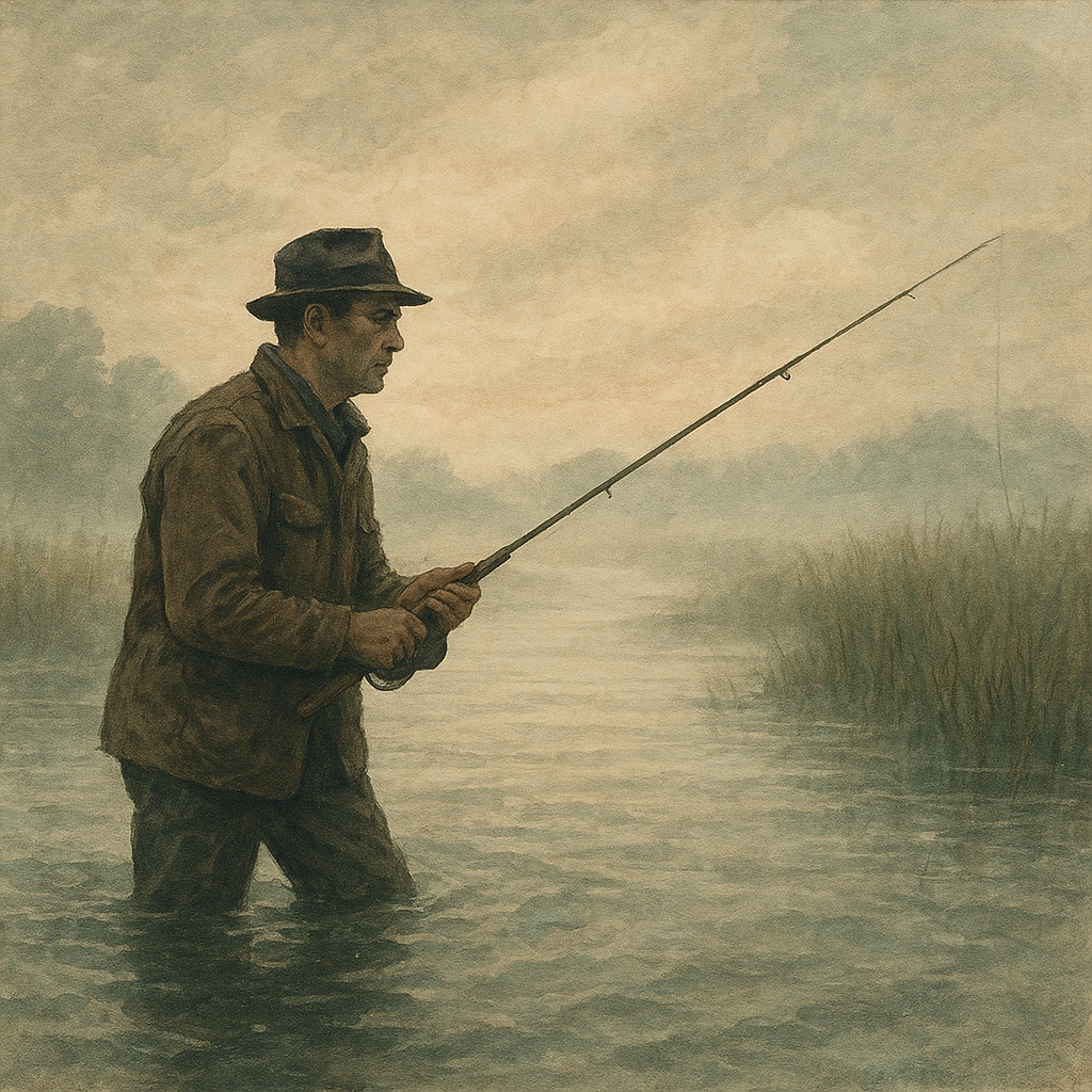 Dawn on the Gulf: King Salmon, Marsh Grass Flats, and a Quiet North Wind — vintage illustration inspired by gulf coast marsh grass flats chasing king salmon staging near river mouths feeling the first push of a nor’easter, slow-trolling planers along weed edges