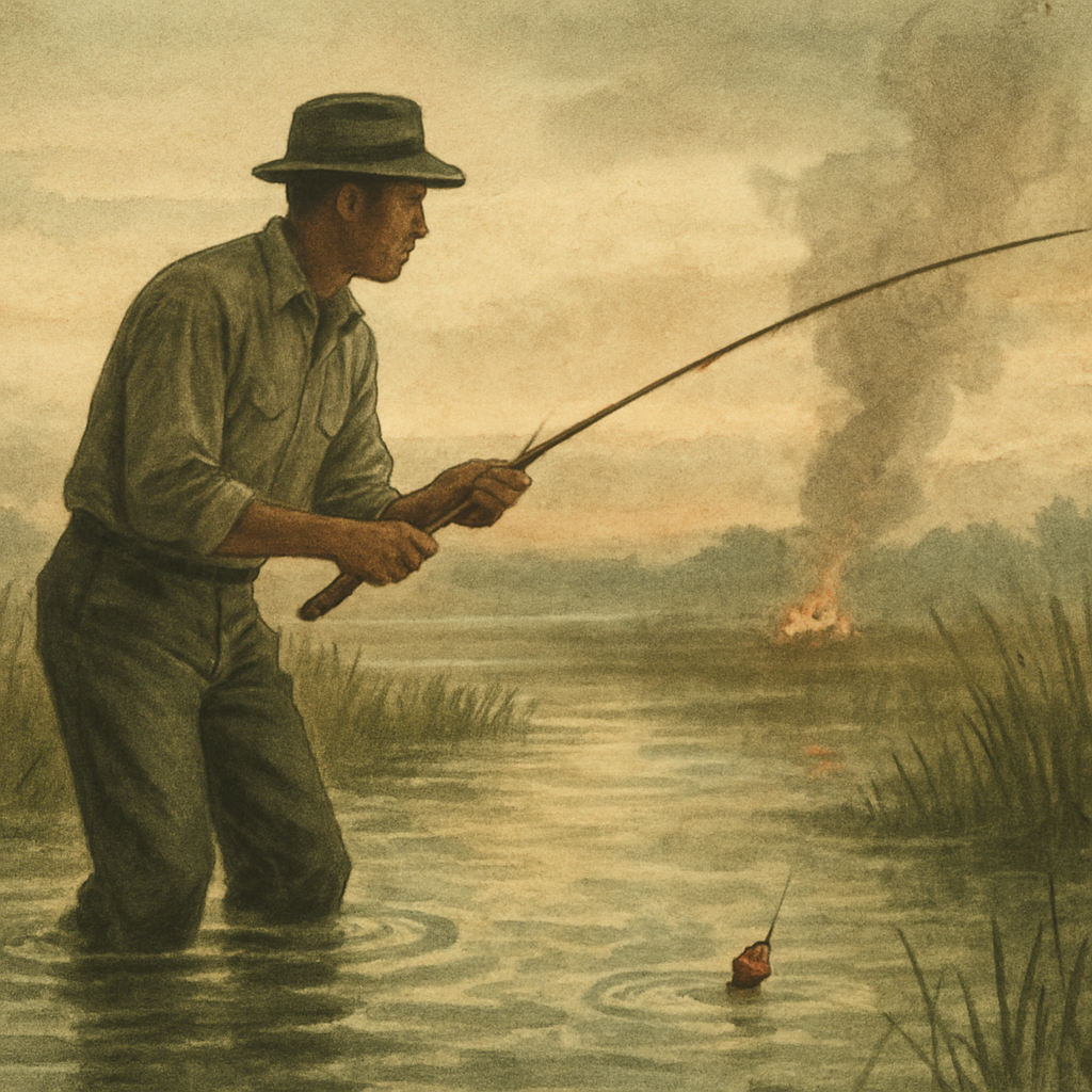 Tail on the Flats, Cedar Smoke, and the Quiet Beckoning of Dawn — vintage illustration inspired by gulf coast marsh grass flats chasing tailing redfish breathing cedar smoke from camp as embers hover, popping corks along spartina lines