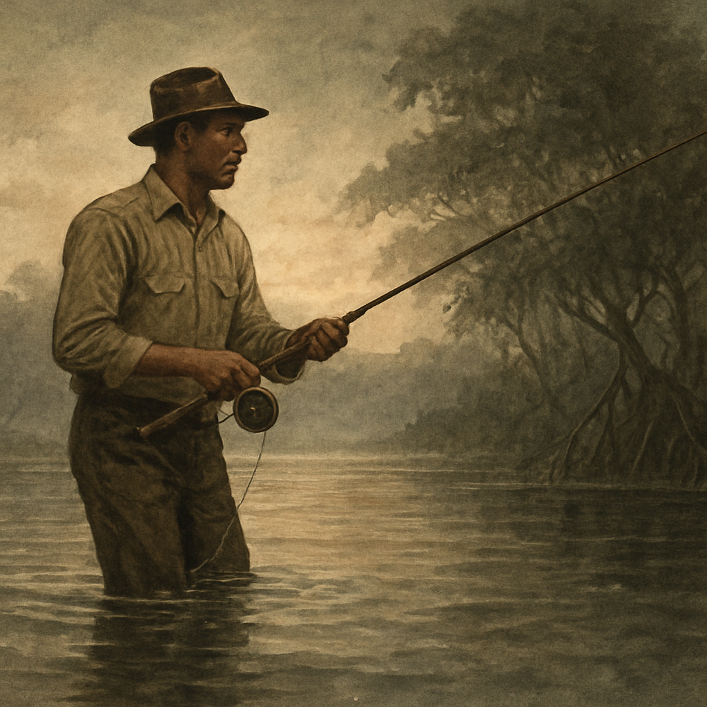 Salt-Stained Piers at Dawn: Chasing Ambush Snook Under Mangroves — vintage illustration inspired by salt-stained coastal piers at dawn chasing ambush snook under mangroves feeling the first push of a nor’easter, slow-trolling planers along weed edges