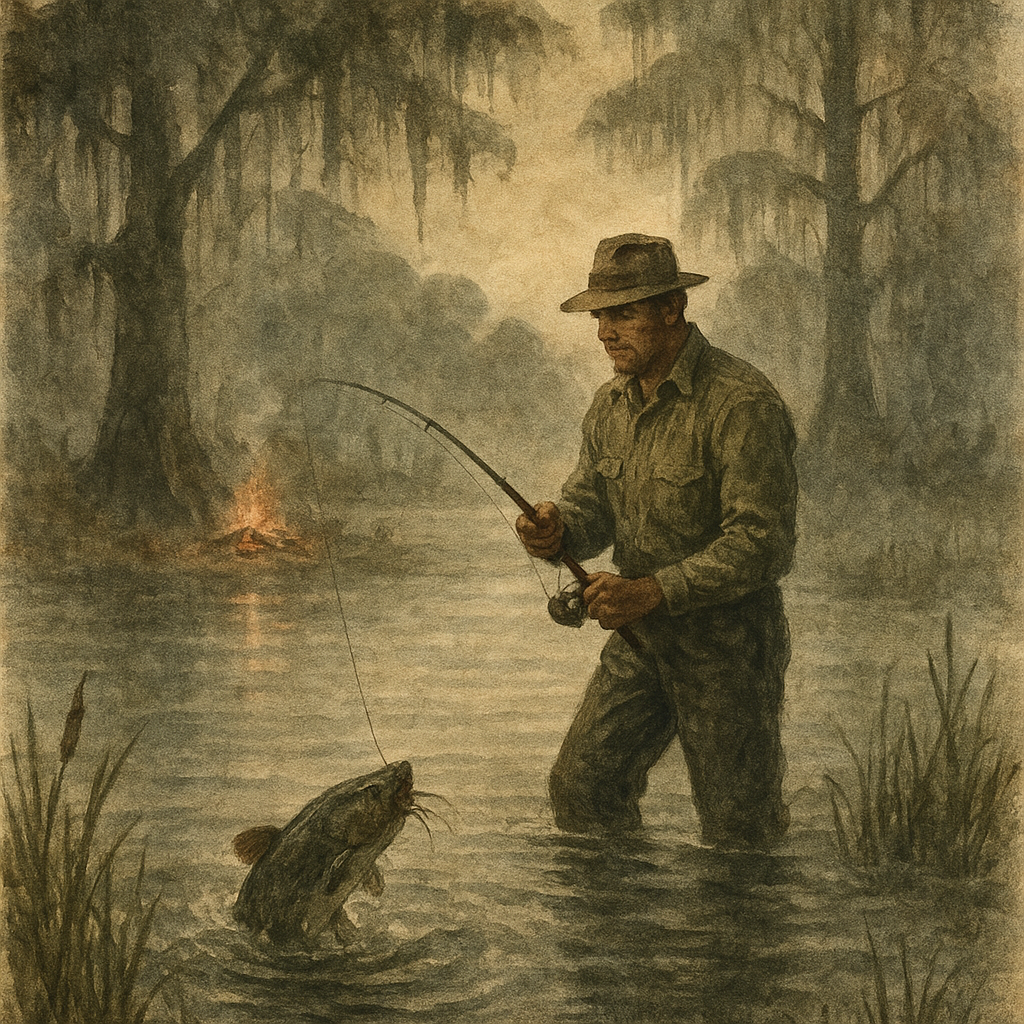 Dawn in the Bayou Bends — vintage illustration inspired by bayou bends heavy with moss and cypress knees chasing huge channel catfish breathing cedar smoke from camp as embers hover, popping corks along spartina lines