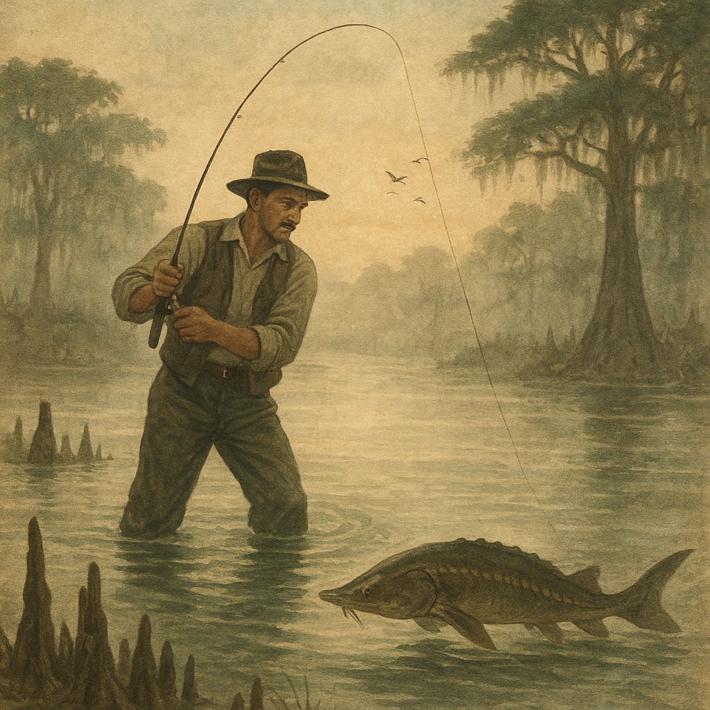 Dawn on Blackwater Oxbows — vintage illustration inspired by blackwater oxbows lined with cypress knees chasing prehistoric lake sturgeon as fog lifts off the water and first birds begin, burning double-8 bucktails over drop-offs