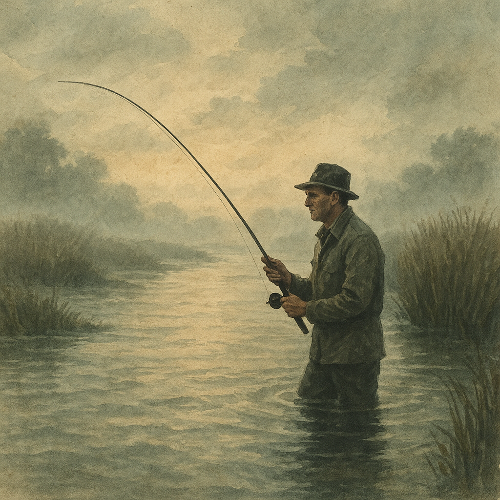 Tidal Cuts and First Nor'easter Push — vintage illustration inspired by tidal cuts slicing through spartina islands chasing migrating striped bass feeling the first push of a nor’easter, slow-rolling swimbaits through bait clouds