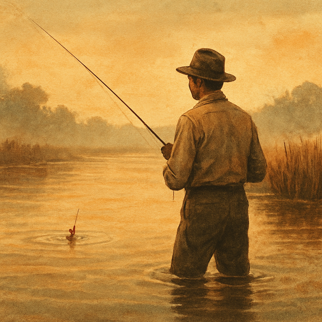 Tannin Rivers, Amber Evenings, and Gulf Speckled Trout — vintage illustration inspired by tannin-stained southern rivers chasing gulf speckled trout bathed in amber evening light that refuses to end, popping corks along spartina lines
