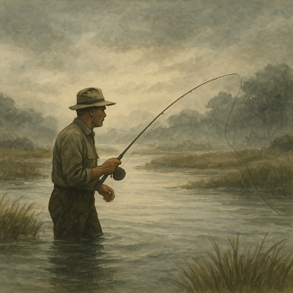 Dawn Cuts: Tidal Lines, Ambush Snook, and the First Nor’easter — vintage illustration inspired by tidal cuts slicing through spartina islands chasing ambush snook under mangroves feeling the first push of a nor’easter, slow-trolling planers along weed edges