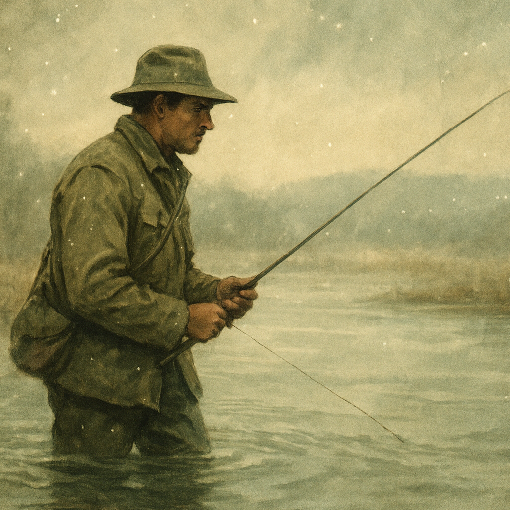 Windswept Flats, Snowfall, and the Chase of Skittish Bonefish — vintage illustration inspired by windswept prairie reservoirs chasing skittish bonefish on bright flats moving in snowfall that muffles every snap of brush, dead-sticking jigging spoons through the ice