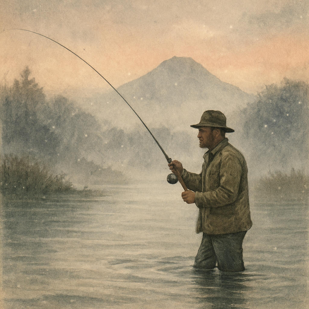 Dawn in a Pacific Lagoon: Bonefish, Snow, and the Quiet Weight of Winter Steel — vintage illustration inspired by Pacific volcanic lagoons with rising bonefish chasing chrome winter steelhead moving in snowfall that muffles every snap of brush, dead-sticking jigging spoons through the ice