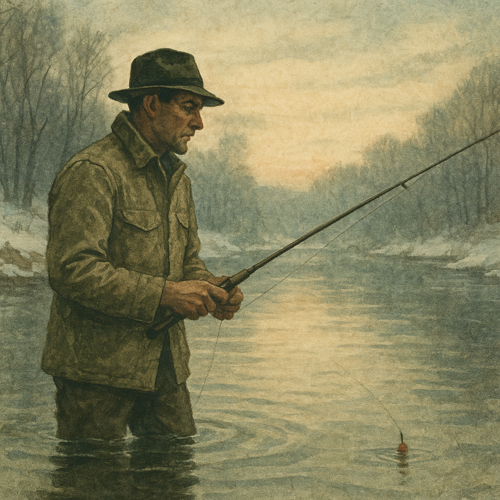 Snow-Lined Tributaries, Dawn, and Yellow Perch — vintage illustration inspired by snow-lined Great Lakes tributaries chasing stacked yellow perch in dawn stillness with breath clouding in the air, drifting small indicators along seams