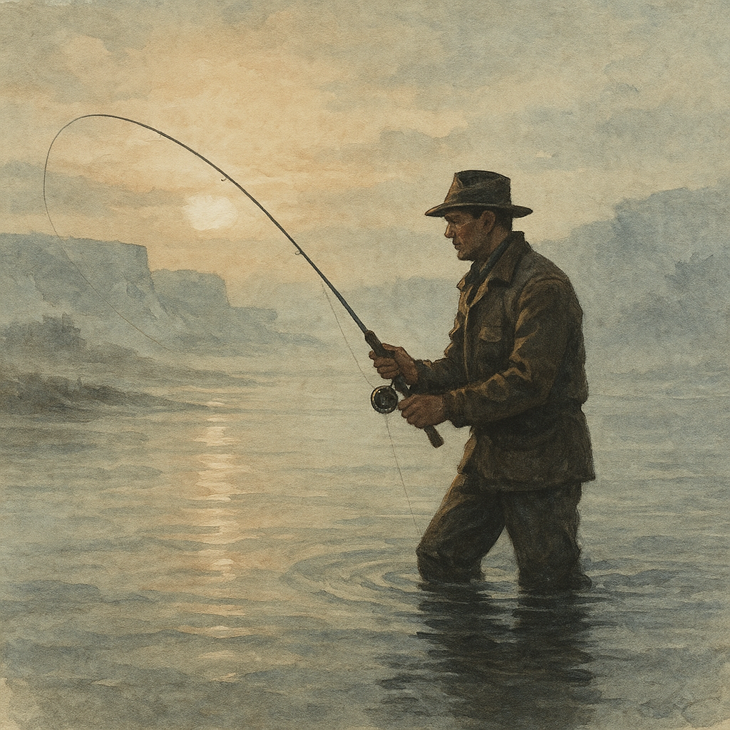 Frozen Seas, Skittish Bones — vintage illustration inspired by frozen inland seas near heaved ice shelves chasing skittish bonefish on bright flats shivering through bone-chill night runs between island markers, dead-sticking jigging spoons through the ice