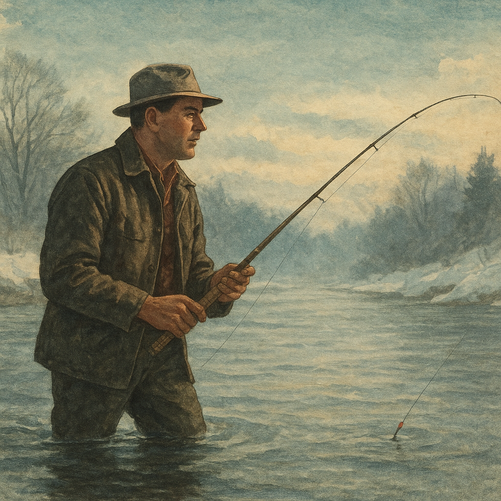 Bluebird Sky, Snow-Lined Trails: A Long Pike Morning — vintage illustration inspired by snow-lined Great Lakes tributaries chasing long northern pike beneath a hard bluebird sky after passage of a cold front, drifting small indicators along seams