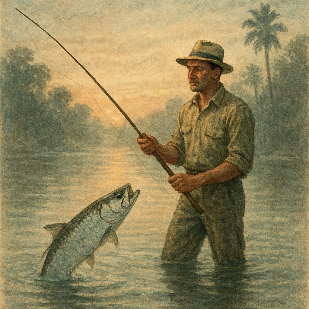 Key West, Hemingway’s Door to the Salt: Tarpon and Bonefish at the Home by the Sea — vintage illustration inspired by Key West (Hemingway Home) in Florida fishing for tarpon, bonefish