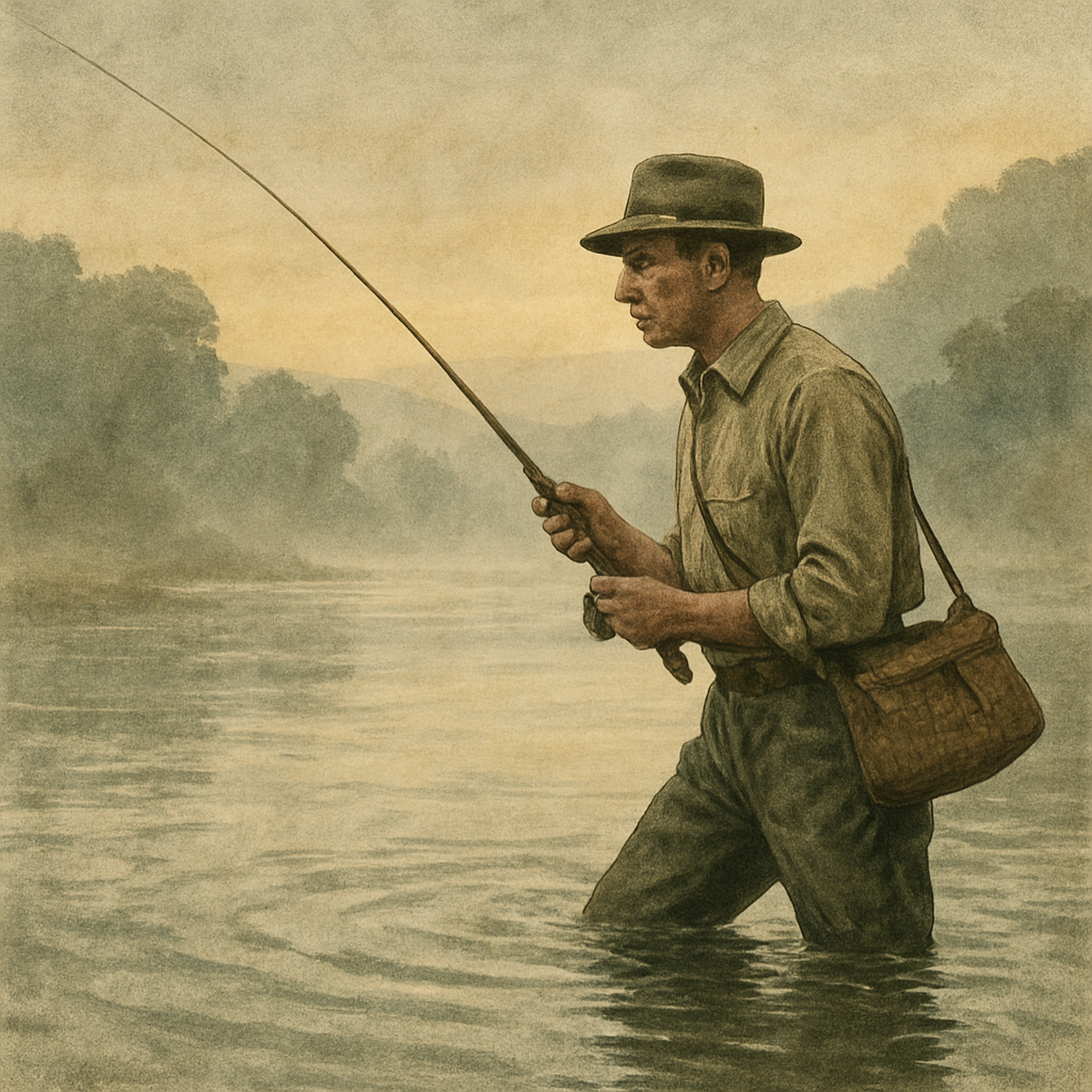 Across the Lamplit Current: Smallmouth, Shad, and a River That Keeps Quiet — vintage illustration inspired by Delaware River (Lambertville) in New Jersey fishing for smallmouth bass, shad