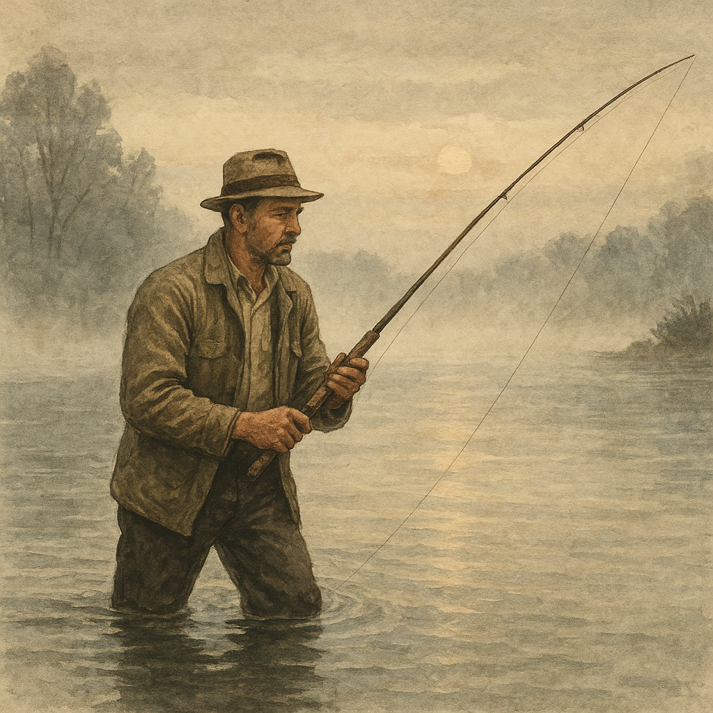 Cold Water, Quiet Runs: A Night in Oswego for Chinook and Steelhead — vintage illustration inspired by Lake Ontario (Oswego) in New York fishing for chinook salmon, steelhead