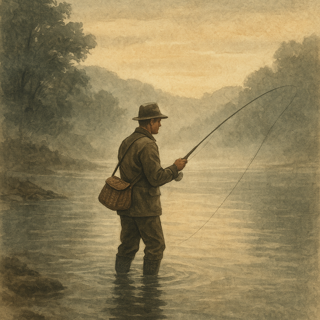 The Farmington River Test — vintage illustration inspired by Farmington River in Connecticut fishing for brown trout, rainbow trout