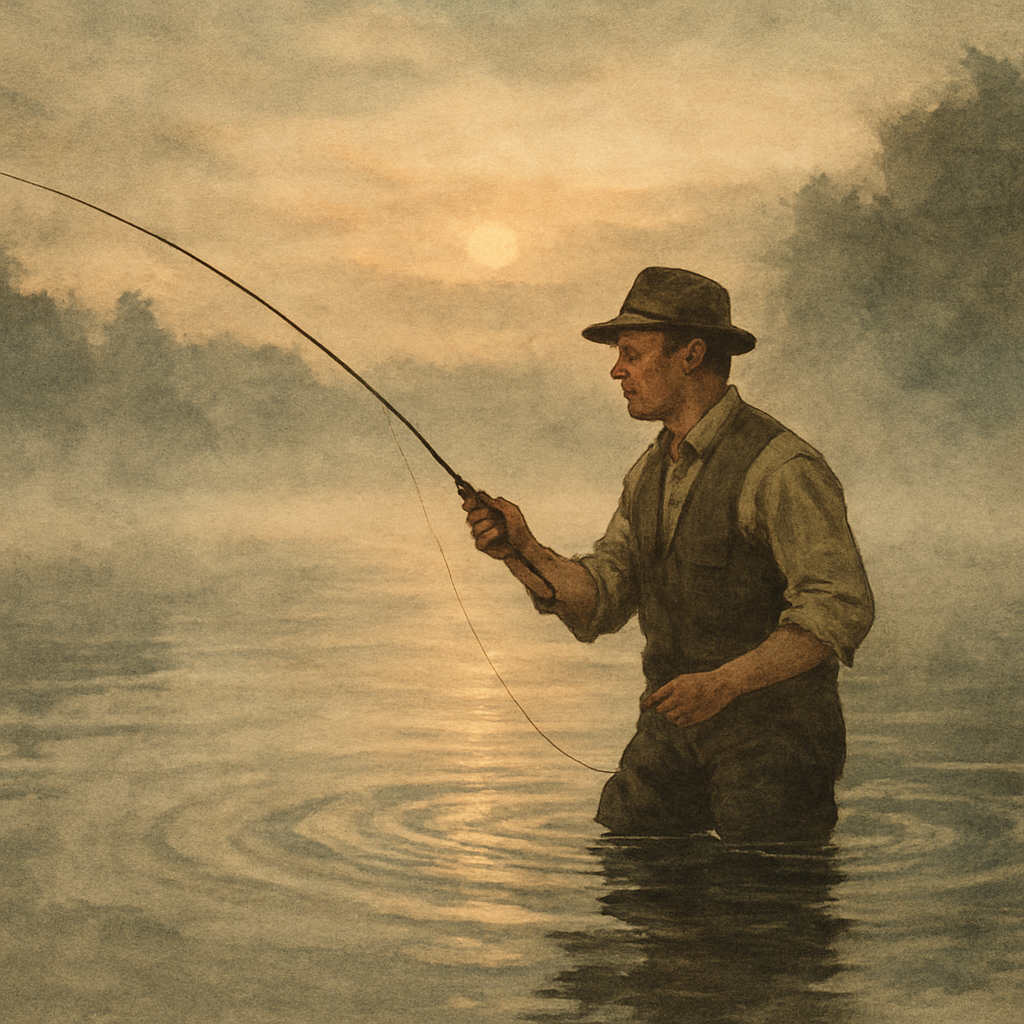 On Winnipesaukee's Edge: Landlocked Salmon and Lake Trout — vintage illustration inspired by Lake Winnipesaukee in New Hampshire fishing for landlocked salmon, lake trout