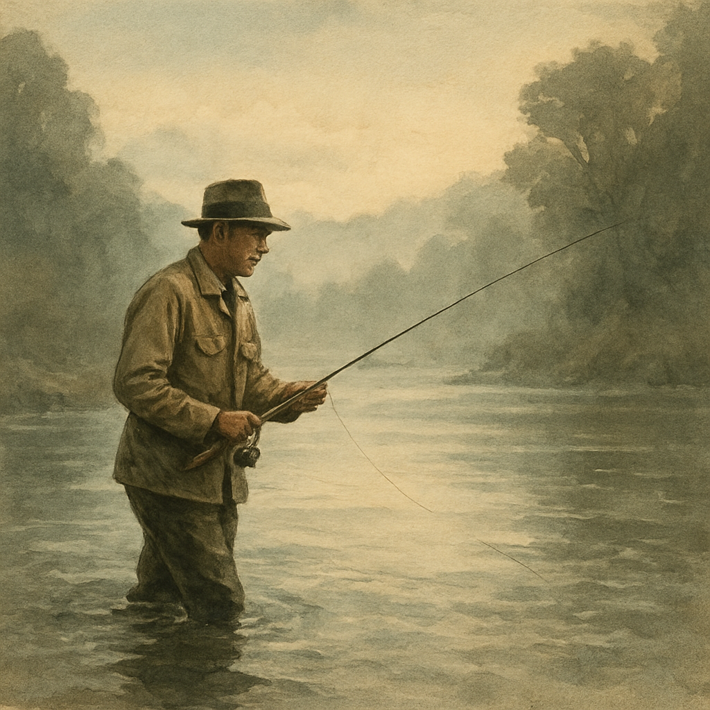 Drift and Dawn on the Battenkill: Brown and Brook in a Vermont Meadow — vintage illustration inspired by Battenkill River in Vermont fishing for brown trout, brook trout