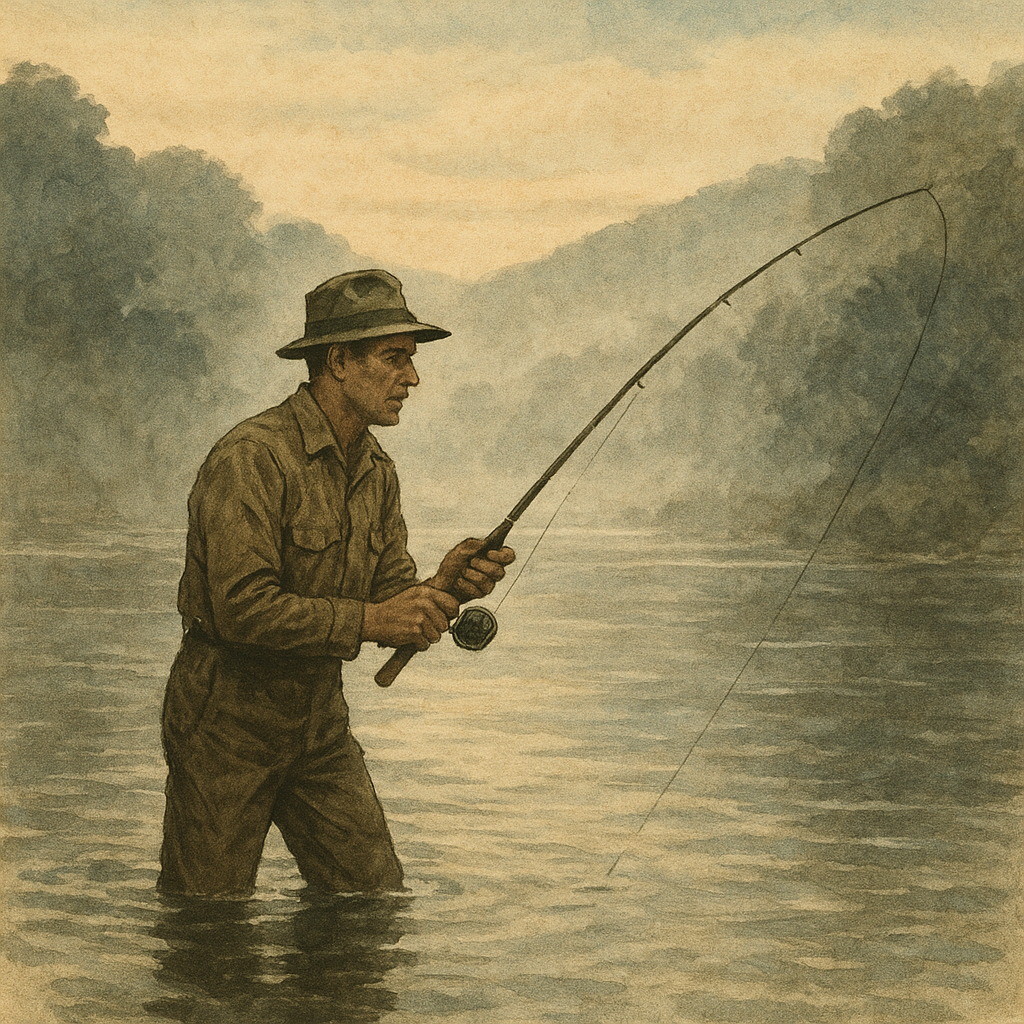 New River Ledges, West Virginia: Smallmouth and Walleye on the Deep Water — vintage illustration inspired by New River (Fayetteville) in West Virginia fishing for smallmouth bass, walleye