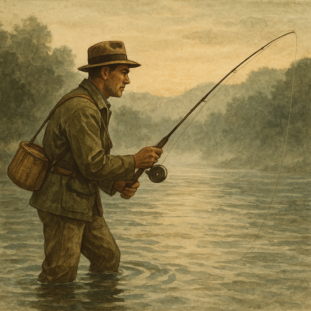 Greenbrier River Echoes: Brown Trout and Smallmouth in Clear Riffles — vintage illustration inspired by Greenbrier River in West Virginia fishing for brown trout, smallmouth bass